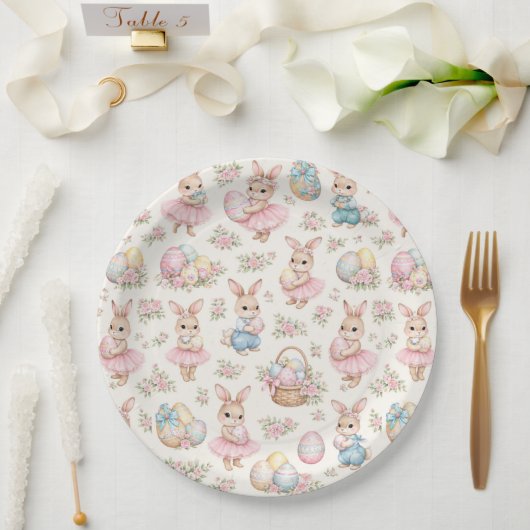 Cute Easter Bunny Floral Pattern - Pastel Spring ペーパープレート (ウェディング)