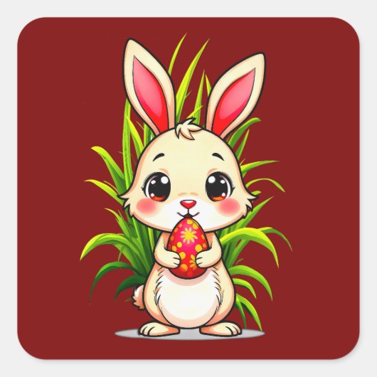 Cute Easter Bunny Holding Egg - Autocolante スクエアシール (正面)
