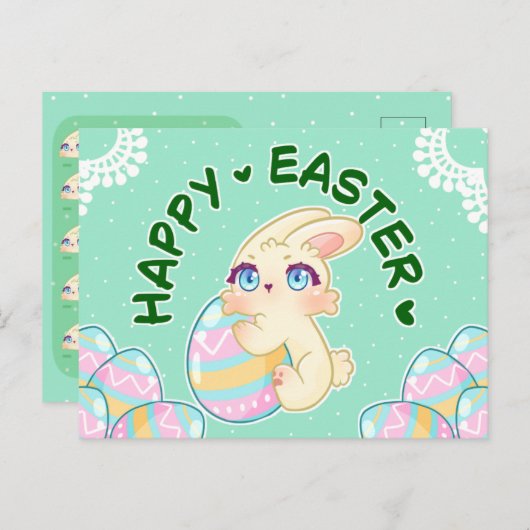 Cute Easter Bunny Hugging Egg シーズンポストカード (正面/裏面)