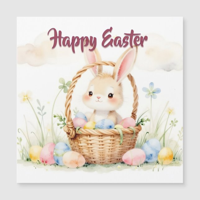Cute Easter Bunny in Basket with Colorful Eggs (正面)