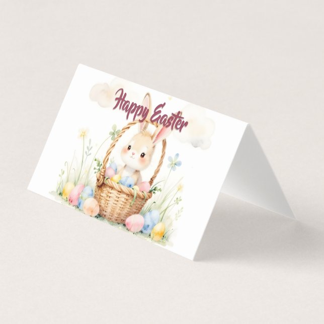 Cute Easter Bunny in Basket with Colorful Eggs (正面)