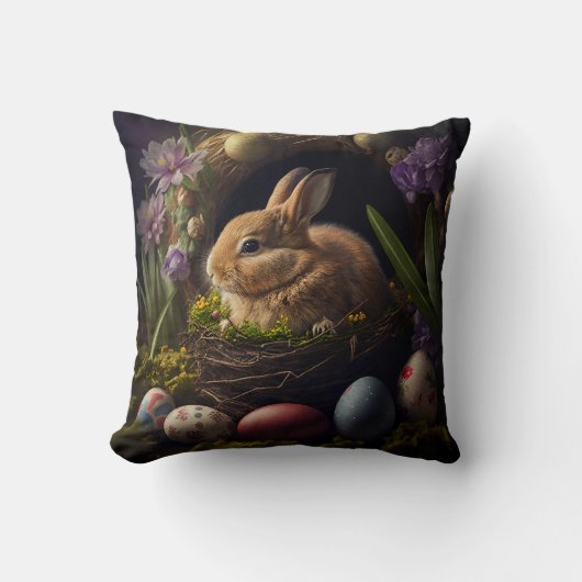 Cute Easter Bunny in nest and eggs around クッション (正面)