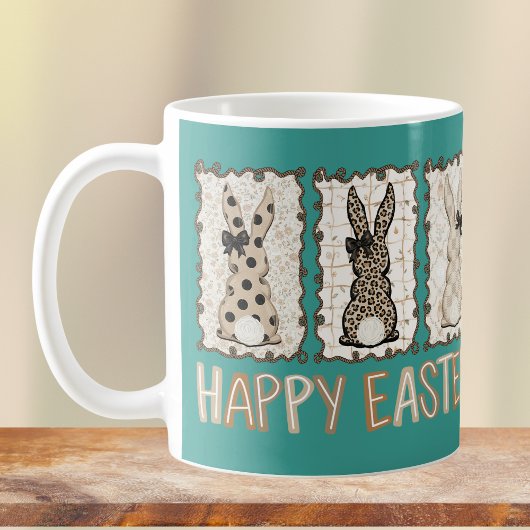 Cute Easter Bunny n Animal Print Brown Bows Teal コーヒーマグカップ