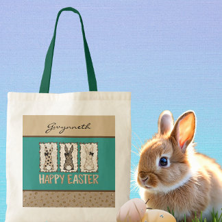 Cute Easter Bunny n Animal Print Brown Bows Teal トートバッグ