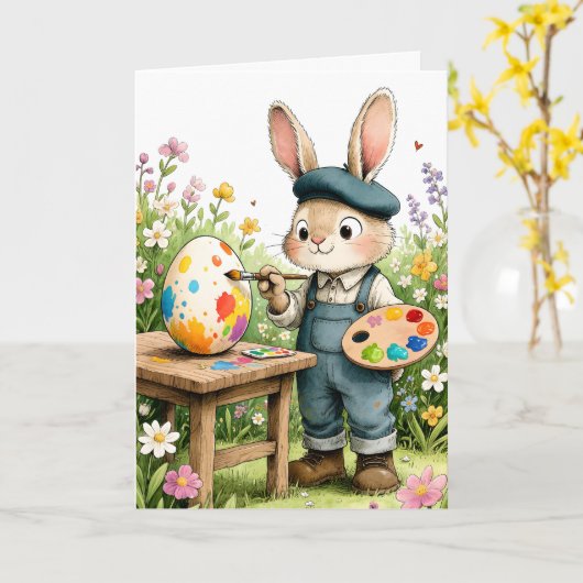 Cute Easter Bunny Painting Egg Whimsical Easter カード (黄色い花)