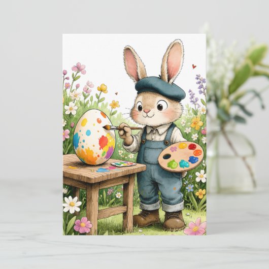 Cute Easter Bunny Painting Egg Whimsical Flat カード (スタンド正面)