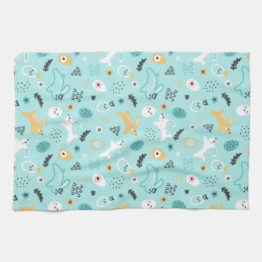Cute Easter Bunny Pattern Kawaii Rabbits Eggs  キッチンタオル (横)