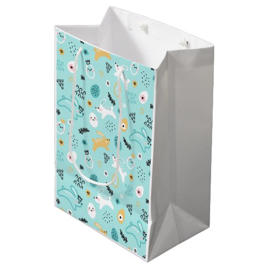 Cute Easter Bunny Pattern Kawaii Rabbits Eggs  ミディアムペーパーバッグ (正面アングル)