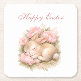 Cute Easter Bunny Rabbit Pink Blush Peony  スクエアペーパーコースター