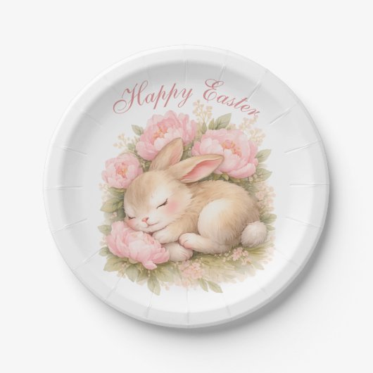 Cute Easter Bunny Rabbit Pink Blush Peony ペーパープレート (正面)