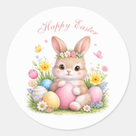 Cute Easter Bunny Rabbit Pink Blush Peony ラウンドシール