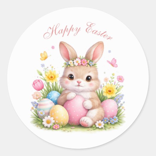 Cute Easter Bunny Rabbit Pink Blush Peony ラウンドシール (正面)