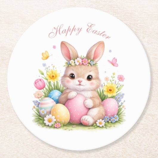 Cute Easter Bunny Rabbit Pink Blush Peony ラウンドペーパーコースター (正面)