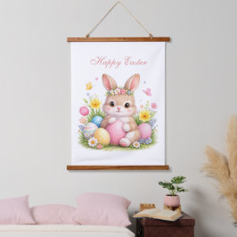 Cute Easter Bunny Rabbit Pink Blush Peony 吊り下げ型タペストリー