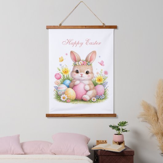 Cute Easter Bunny Rabbit Pink Blush Peony 吊り下げ型タペストリー (寝室)