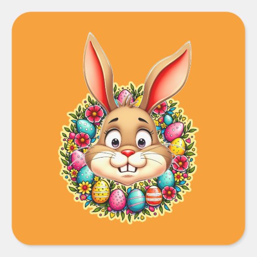 Cute Easter Bunny – Spring Flowers Autocolante スクエアシール (正面)