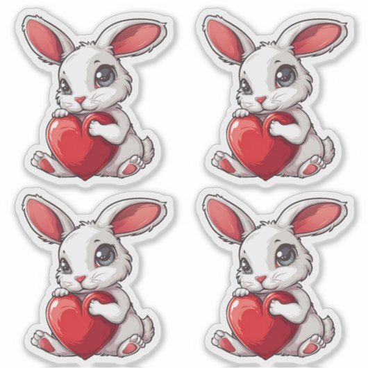 Cute Easter Bunny Sticker Rabbit Hugging Heart シール (正面)