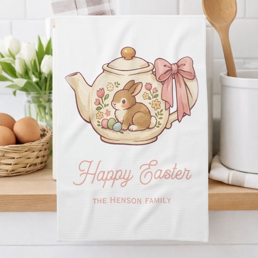 Cute Easter Bunny Teapot Flowers キッチンタオル