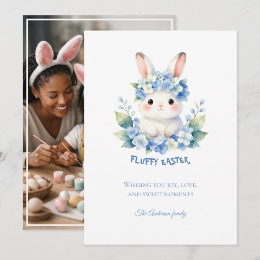 Cute Easter Bunny Watercolor Hydrangea Photo シーズンカード (正面/裏面)