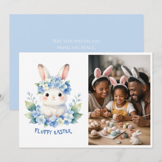 Cute Easter Bunny Watercolor Hydrangea Photo シーズンカード (正面/裏面)