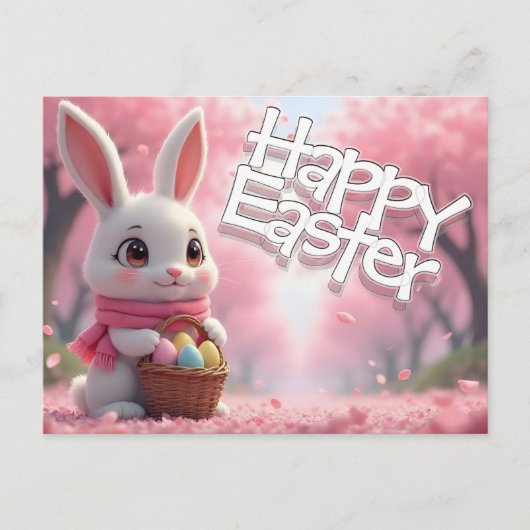 Cute Easter Bunny with Basket and Colorful Eggs ポストカード (正面)