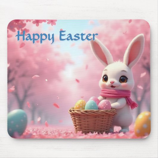 Cute Easter Bunny with Basket of Colorful Eggs マウスパッド (正面)