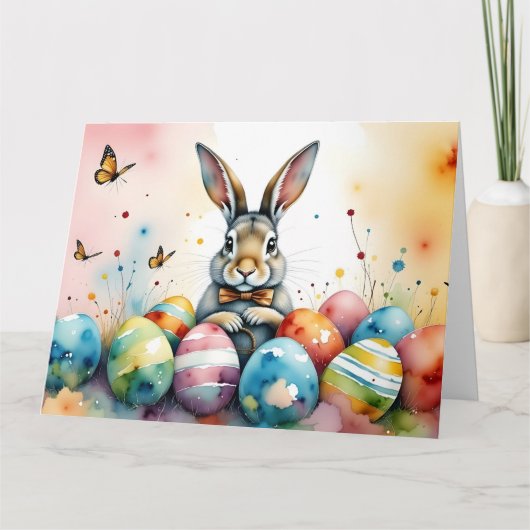 Cute Easter Bunny with Colorful Painted Eggs サンキューカード (正面)