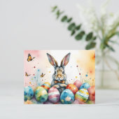 Cute Easter Bunny with Colorful Painted Eggs ポストカード (スタンド正面)