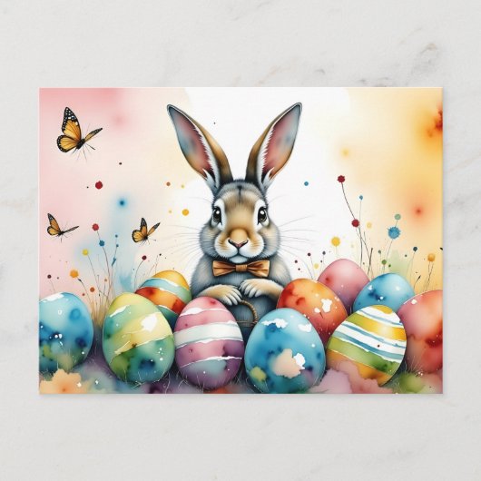 Cute Easter Bunny with Colorful Painted Eggs ポストカード (正面)