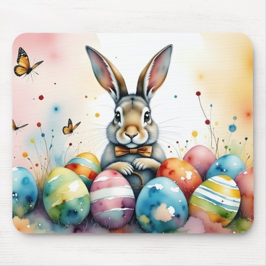 Cute Easter Bunny with Colorful Painted Eggs マウスパッド (正面)