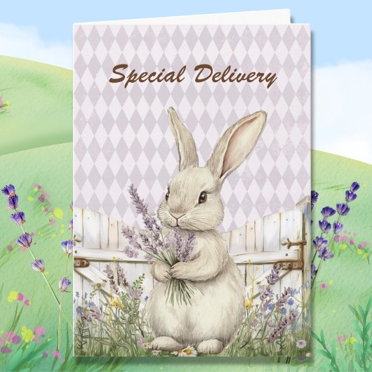 Cute Easter Bunny with Lavender Special Delivery カード