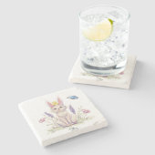 Cute Easter Cat with Chick Illustration ストーンコースター (横)