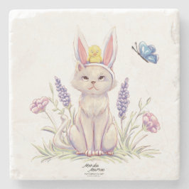 Cute Easter Cat with Chick Illustration ストーンコースター