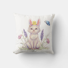 Cute Easter Cat with Chick Illustration pillow クッション