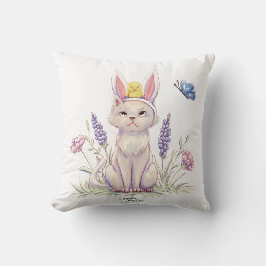 Cute Easter Cat with Chick Illustration pillow クッション (正面)
