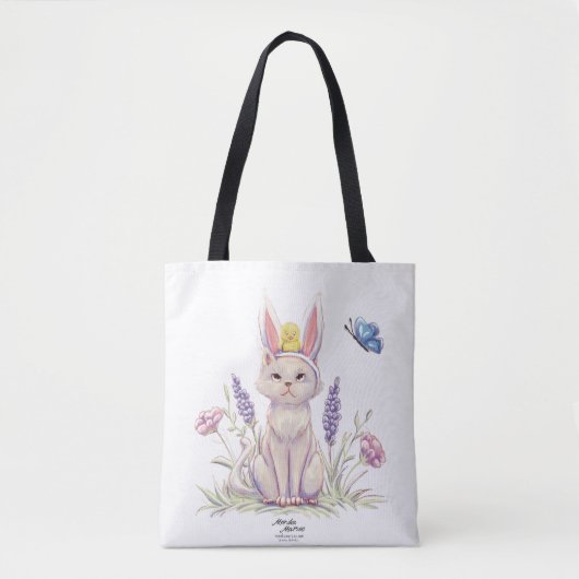 Cute Easter Cat with Chick Illustration Tote Bag トートバッグ (正面)