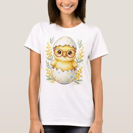Cute Easter Chick Glasses Mimosa Bloom Tシャツ (正面)
