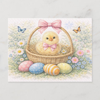 Cute Easter Chick in Basket Watercolor Postcard シーズンポストカード