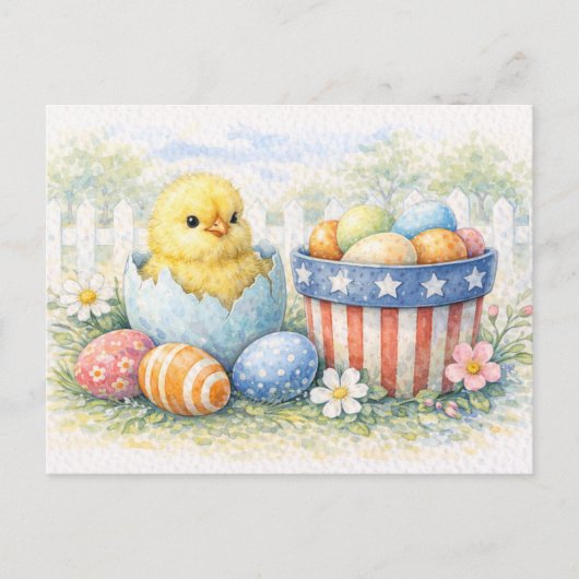 Cute Easter Chick in Egg Watercolor Postcard シーズンポストカード (正面)
