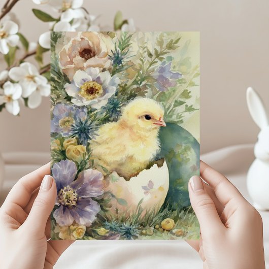 Cute Easter Chick Spring Wildflowers Watercolor シーズンカード