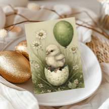 Cute Easter Chick with Easter Egg Spring Daisies