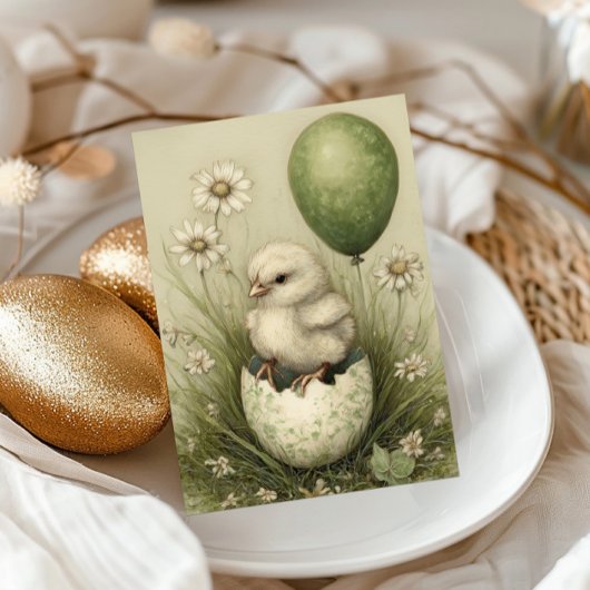 Cute Easter Chick with Easter Egg Spring Daisies シーズンカード
