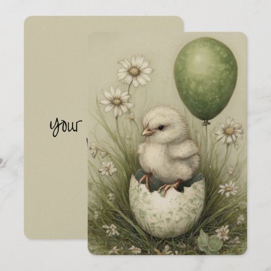 Cute Easter Chick with Easter Egg Spring Daisies シーズンカード (正面/裏面)
