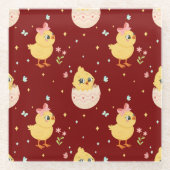 Cute Easter Chick with Pink Bow Seamless Pattern  ガラスコースター (正面)