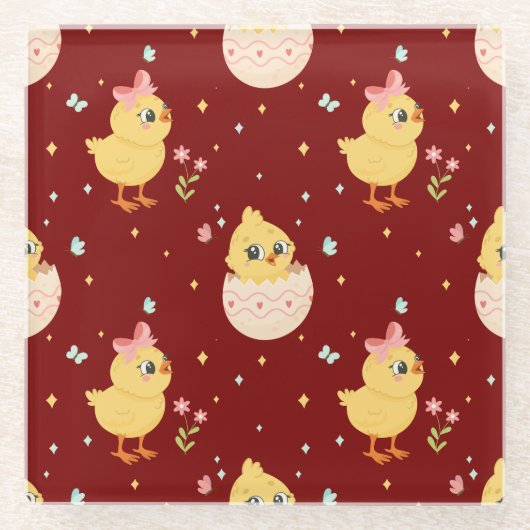 Cute Easter Chick with Pink Bow Seamless Pattern  ガラスコースター (正面)