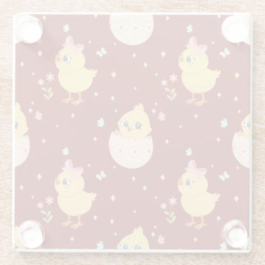 Cute Easter Chick with Pink Bow Seamless Pattern  ガラスコースター (裏面)
