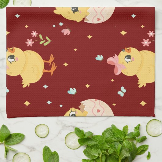 Cute Easter Chick with Pink Bow Seamless Pattern  キッチンタオル (折り畳み)