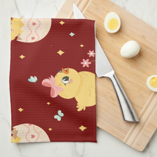 Cute Easter Chick with Pink Bow Seamless Pattern  キッチンタオル (四つ折り)