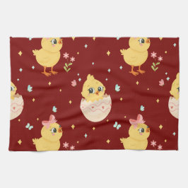 Cute Easter Chick with Pink Bow Seamless Pattern  キッチンタオル