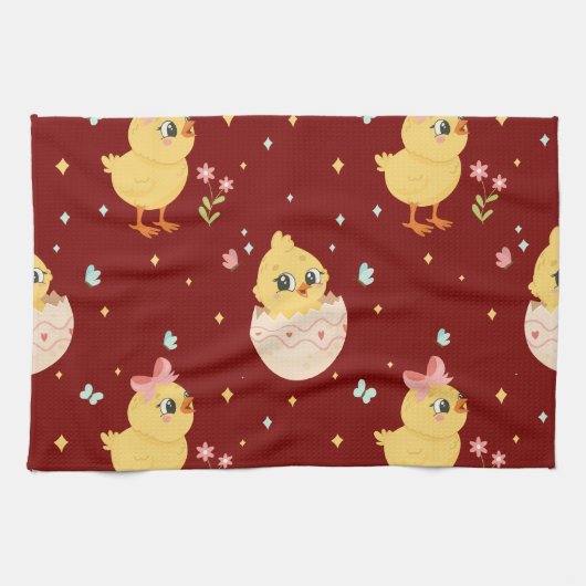 Cute Easter Chick with Pink Bow Seamless Pattern  キッチンタオル (横)